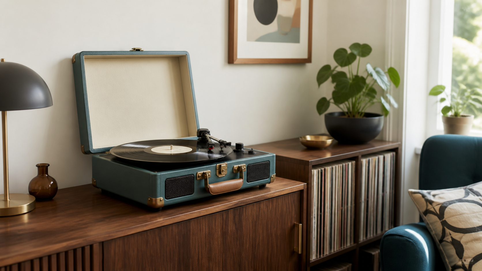 Unbranded retro suitcase record player on a wooden sideboard in a UK living room